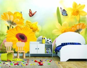 Papéis de parede personalizados Po 3d Room Wallpaper Mural Girassol Butterfly Picture Murais de parede para paredes vivas 3 D