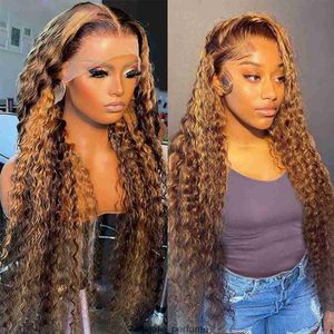 꿀 금발의 깊은 곱슬 레이스 프론트 가발 흑인 여성 브라질 인간 머리 하이라이트 곱슬 13x4 정면 가발 HD 투명 합성