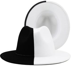 Siyah Beyaz Patchwork Yün Keçe Caz Fedora Şapkası Kadın Unisex Geniş Mızdırlık Panama Partisi Trilby Cowboy Cap Men Beyefendi Düğün Şapkası 240401