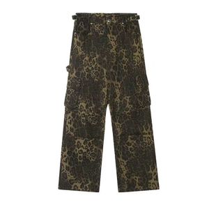 Wholesale Leopard Print Pleated Casual Straight Trousers for Men High Street Punk Design Loose Wide Leg Cargo Pants