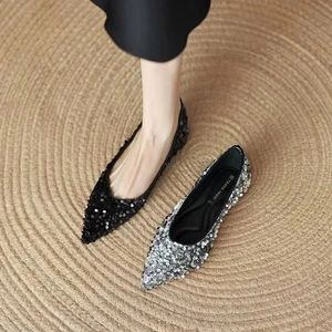 Womens Flats Bling Boat Shoes Point Toe Slip on Glitter Ballet Flats Black Silver Spring Autumn Shoes For Female 240326