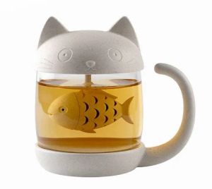 Cat Glass Tea Mugg Cup med fisketeinfuser Silterfilter 250 ml (vit)