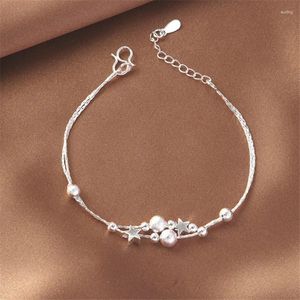 Charme Armbänder 925 Silberschicht -Doppelschicht -Kettenstern Runde Perlenarmband Armreif für Frauen Mädchen Hochzeitsfeier Schmuck SL019