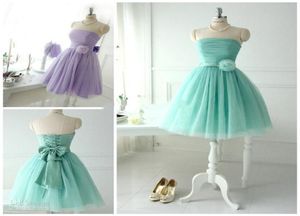 Short Lovely Mint Tulle Bridesmaid Dresses For Teens Young Girls 2014 Chic Flower Bow Sash Lace up Strapless Bridal Party Beach Un2203378