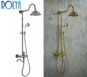 Rolya Chromegolden Classic Classic Round Rain Shower Head Shower Set Cross Handle in Gold SolidBrass2776166