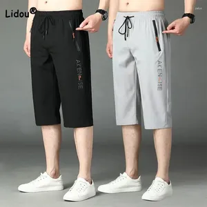 Shorts masculinos tendem calças elásticas casuais casuais roupas masculinas verão coreano zíper de retalhos de retalhos de moda de moda alta de cintura gelo