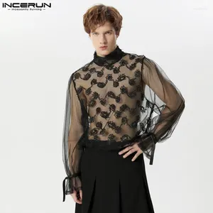 Men's T Shirts Sexy Mens Lace Jacquard Design T-shirts Fashion Casual See-through Thin Bubble Long Sleeved Camiseta S-5XL INCERUN Tops 2024