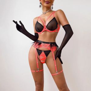 Diccvicc kontrast färg underkläder transparent bandage bh fjäder strumpeband set fancy underkläder kvinna sexig het outfit exotisk dräkt