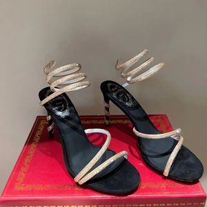 Rene Caovilla High Heels Cleo Luxury Designer Rhinestone Cadle Wrapround High Heel Sandals Silk Crystal Crystal Pendant Pumps Women's Evening Gold