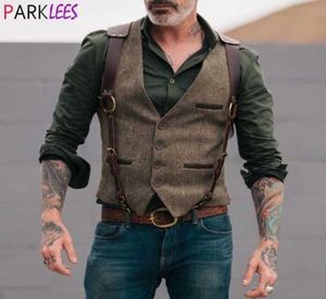 Mens Tweed Leather Suspenders Passar Vest Vintage Style Steampunk Cosplay Vests Waistcoat Herr Gentleman Wedding Gilet Homme 3XL 2107156494