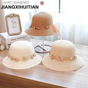 Breite Krempeln Hüte Eimerhüte Neue Sonnenperlen Strohhut Boater Hut Mädchen Bogen Sommerhüte für Frauen Strand Panama Strohhut Chapeau Femme 48-52-54-58cm Y240409