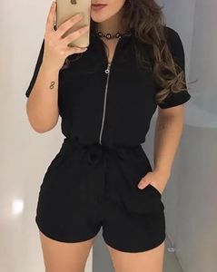 Jumpsuit Women Summer Fashion Short Sleeve Casual Turndown Collar Plain dragkedja Pocket Design Daily Romper Y2K Streetwear 240409