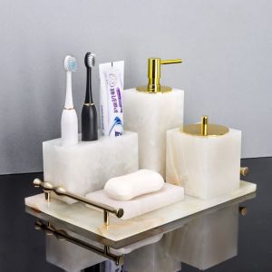 Vit onyx naturlig marmoruppsättning för badrums tvål dispenser tandborste hållare askfat aromaterapi flaskor tvål matlagring bricka