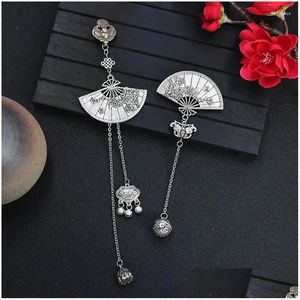 Pins Brooches Chinese Style Retro Plum Blossom Fan Brooch Female Qipao Pressed Button Bell Tassel Pendant Hanfu Pin Copper Sier Plated Dh6Dx