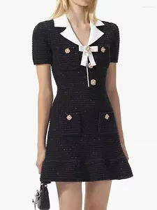 Party Dresses Women Bow Black Knit Mini Dress Sequin Pearl Rhinestone Buttons Elegant A-line Spring Summer 2024 Female Robe