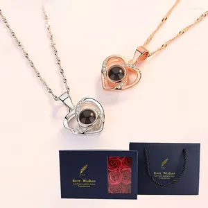 Pendant Necklaces Love Heart Necklace With Roses Gift Box 100 Languages I You Projection Jewelry For Lover Girlfriend Accessories