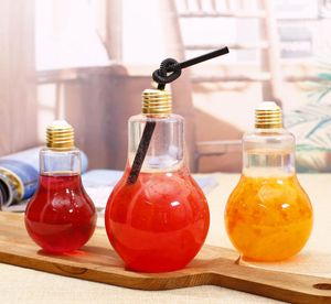 New LED Light Bulb Water Bottle Plastic Milk Juice Water Bottle Disposable Leakproof Drink Cup With Lid Creative Drinkware Wholes1877166