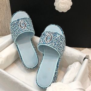 Womens Slip On Slippers Chunky Platform Heels Sandals Slip On Slides Designer Tweed Quilted Texture Matelasse Mules Summer Outdoor Girls Beach Shoe Flip Flops