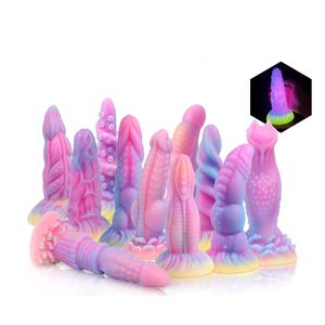 Mostro alieno dildo che brilla fallo nel bastone luminoso scuro silicone sexy giocattolo soft anale per le donne lesbiche