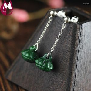 Dingle örhängen lång 2024 natursten snida grön jade smaragd handgjorda fröpod av lotus äkta 925 sterling silver smycken kvinnor