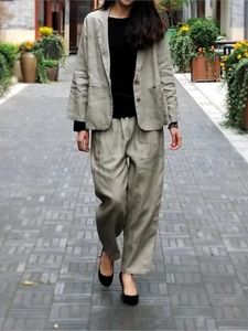 Kobiety luźne leniowe garnitury stały kolor vintage lnu blezer sprężyste spodnie talii żeńskie 240329