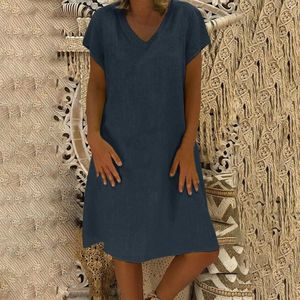 Casual Dresses Summer Midi Dress for Women V-ringen Kort ärm Knäslängd damer Solid Color Beach Holiday Vestidos