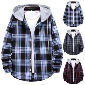 Men's Casual Shirts Men Plaid Splicing Hoodie Mens Fashion Streetwear Classic Flannel Long Sleeve Hooded Shirt Sudaderas Hombre