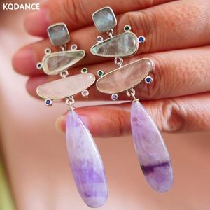 Dangle Ohrringe Kqdance Promotion Pink Quarz lila Amethyst Multi -Farb Naturstein Langer Tränen Tropfen Silber 925 Nadelschmuck Frauen