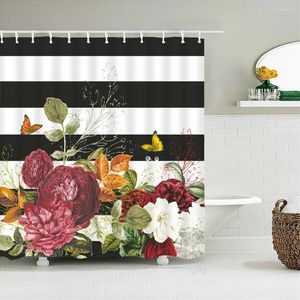 Shower Curtains Waterproof Curtain Flowers Leaves Printed Bathroom Polyester Fabric Black White Stripes Geometric Bath