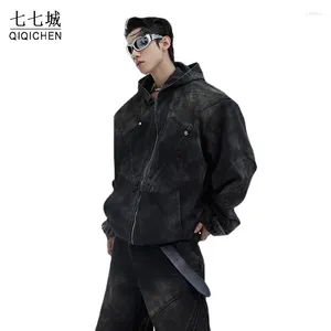 Men's Jackets Autumn Hooded Denim Men Vintage Distressed Shoulder Pad Oversize Coat Male Hip Hop Wear Resistant Baggy Wide Leg Jeans