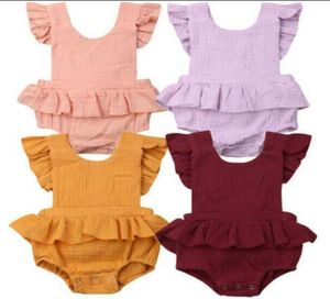 Barn designer kläder baby ruffle hylsa solid rompers sommar falbala onesies spädbarn bomull triangel jumpsuits casual climb clothe3231820