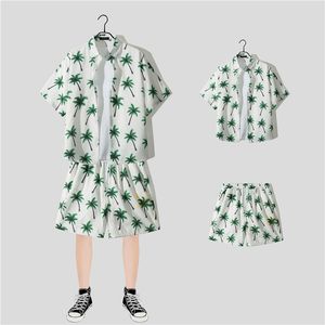 2023 Summer Men Hawaiian Shirts + Shorts Set Tropical Plant Leaves Printed Holiday Short Sleeve Two Pieces Outfits