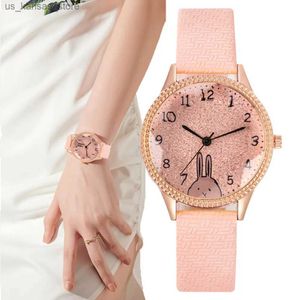 Zegarek moda 2023 Nowa marka kobiet kwarc luksusowy różowy rhinestone Rabbit Design Ladies Es Sport skórzany zegar prezenty240409
