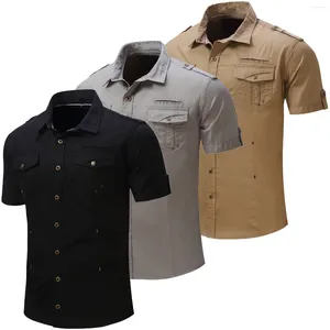 Men's Casual Shirts 2024 Fashion Short Sleeve Military Shirt Tops Summer Polyester Solid Color Cargo Work With Pocket