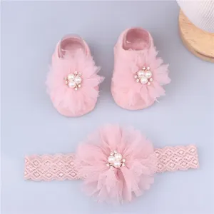 Hair Accessories Cute Pearl Bows Baby Headband Socks Set Non Slip Cotton Sock Lace Flower Born Band Turban Girl