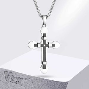 Hänge halsband vnox svart silver rostfritt stål brosch halsband dubbel ton dubbelskikt korshänge punk rock tro halsband