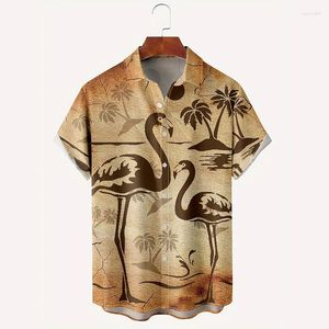 Mäns casual skjortor Hawaiian Beach Flamingo Palm Tree 3D Tryckt Kort ärm Aloha överdimensionerade lösa toppar för sommaren