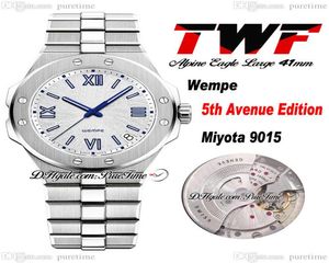 Alpine Eagle Large 5th Avenue Edition Miyota 9015 Automatisk herrklocka 41mm vit texturd Dial Blue Roman Rostless Steel Armband8267933