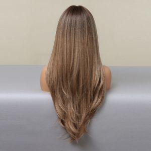Lång rakbrun ombre syntetiska hår peruker med lugg skiktade peruker för kvinnor cosplay dagligen naturliga peruker värmebeständig
