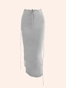 スカートソリッドニットドローストリングウエストサイドシャーリングスカートカジュアルな非対称足首の女性服