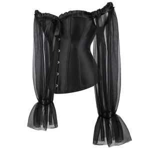 Black Sexy Gothic Bustier Top with Long Puff Sleeves Women Vintage Victorian Burlesque Off Shoulder Overbust Corset