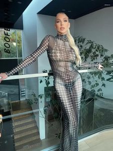 Повседневные платья Boofeenaa 3D в горошек сетка сетка Sexy Sexy Maxi Dress Party Wation Otbits Посещение с помощью Bodycon с длинным рукавом C87-CZ22