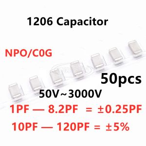 50pcs 1206 SMD Kapasitör 1/1.8/2/2.2/2.7/3/3.9/4.7/5/5.6/6.8/8.2/10/12/18/20/22/27/30/33/39/47/ 56/68/82/100pf 120pf NPO C0G