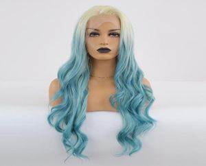 Whole Body Curly Lace Front Wig Ombre Blue Hair Heat Resistant Fibers Synthetic Lace Front Wig Glueless Half Hand Tied for All2271108