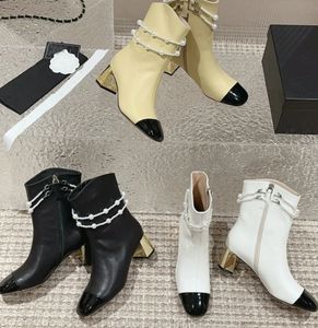 Designer Luxury ankle boots classic coco boot fashion leather chunky heel shoes calfskin sneaker quilted Knight boots thigh high Boots pearl chain