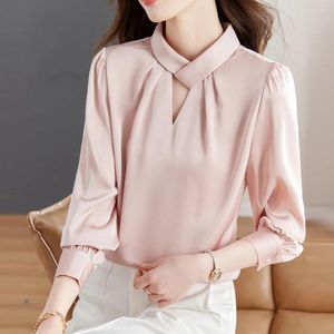 Kvinnors blusar 2024 Vårkläder Lossa långärmad satinblus och skjortor Office Lady Work Casual Tops Vintage Shirt