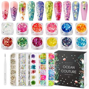 Flaskor Makartt Nail Decorations Kit, Nail Glitters Nail Rhinestones 3D Butterfly Torkade blommor med nagelpinnare för naglar konstdesign