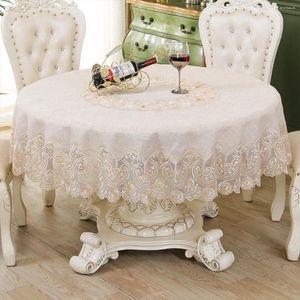 Table Cloth Round Luxury With Embroidered Lace Classic Linen Blended Fabric Tablecloth For Dining Room Elegant Home Decor Beige