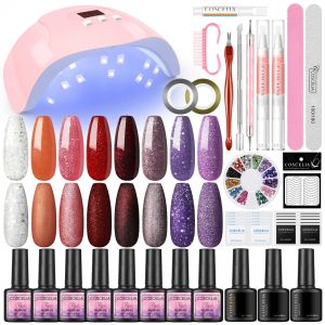 Kit 8 st nagelgel set med LED UV -lampa semi permanent gellack blötlägg av nagelverktyg matt topp basbelägg nageltillbehör UV nagelpaket