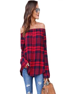 Women039s Ladies Cotton Off Shoulder Bluses Plaid Topps Långärmad skjortor Casual Blus Loose Shirts Spring Red Black Clothes3357949